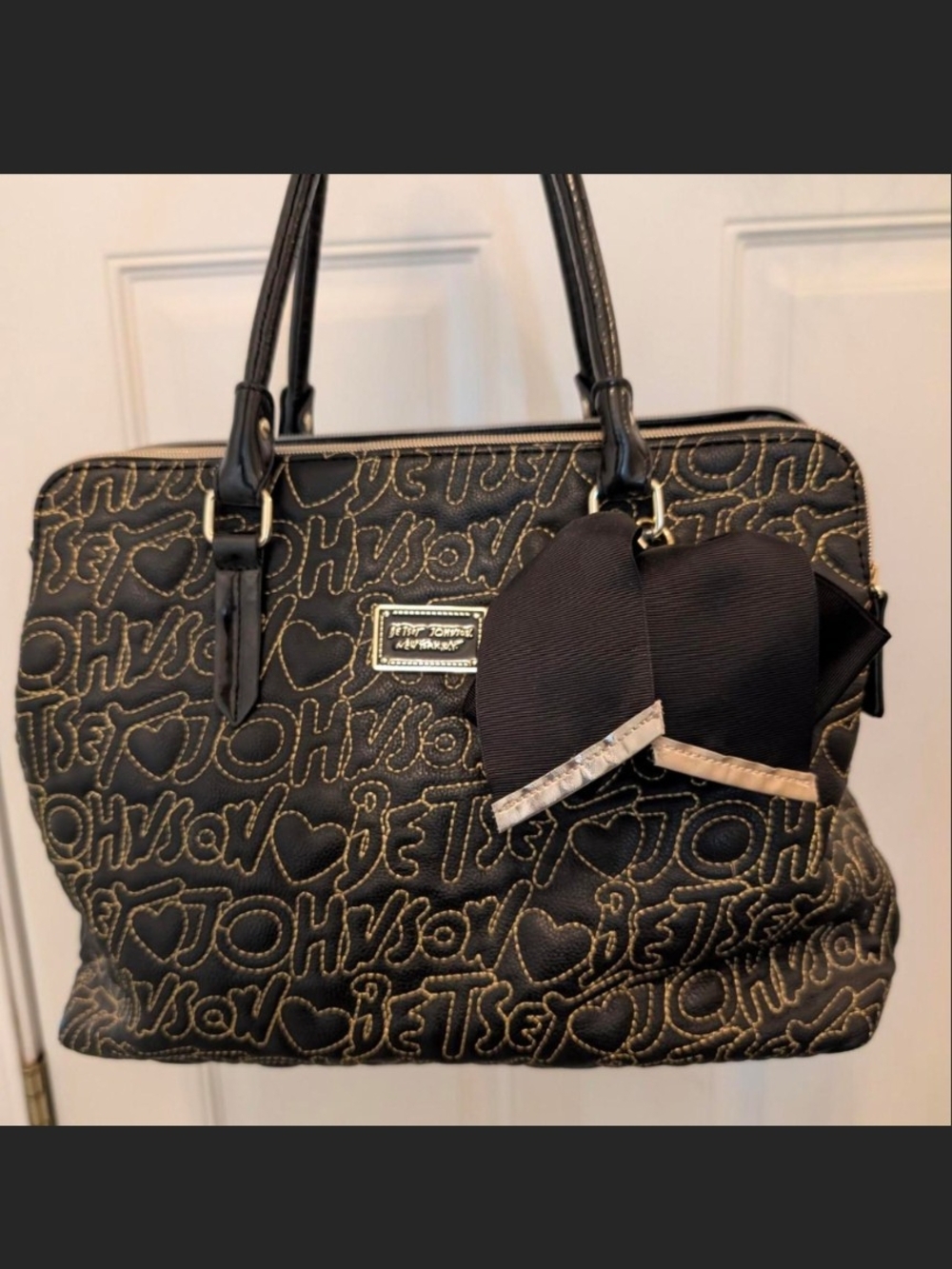 Betsey Johnson Black Quilted Logo Satchel with Bow Accent